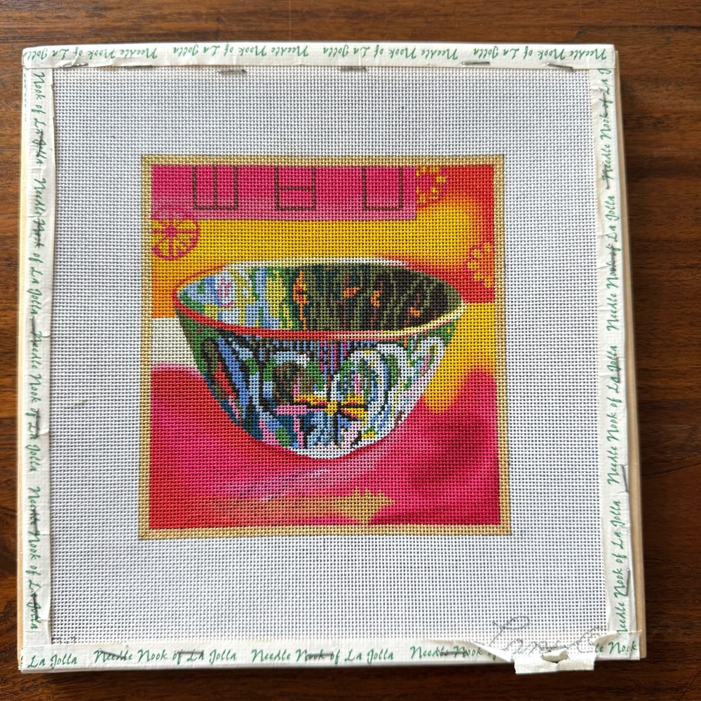LANI Hand Painted Needlepoint Canvas Asian Colorful Bowl 6” Square